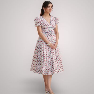 Vestido midi | Azul/Blanco | Vestido con estampado de bloques | Vestido Bloom