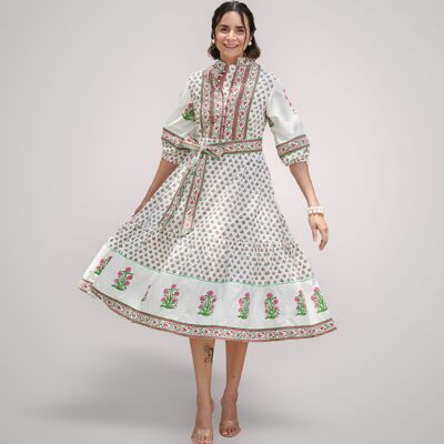 Vestido midi | Rosa/Blanco | Vestido con estampado de bloques | Vestido color salvia