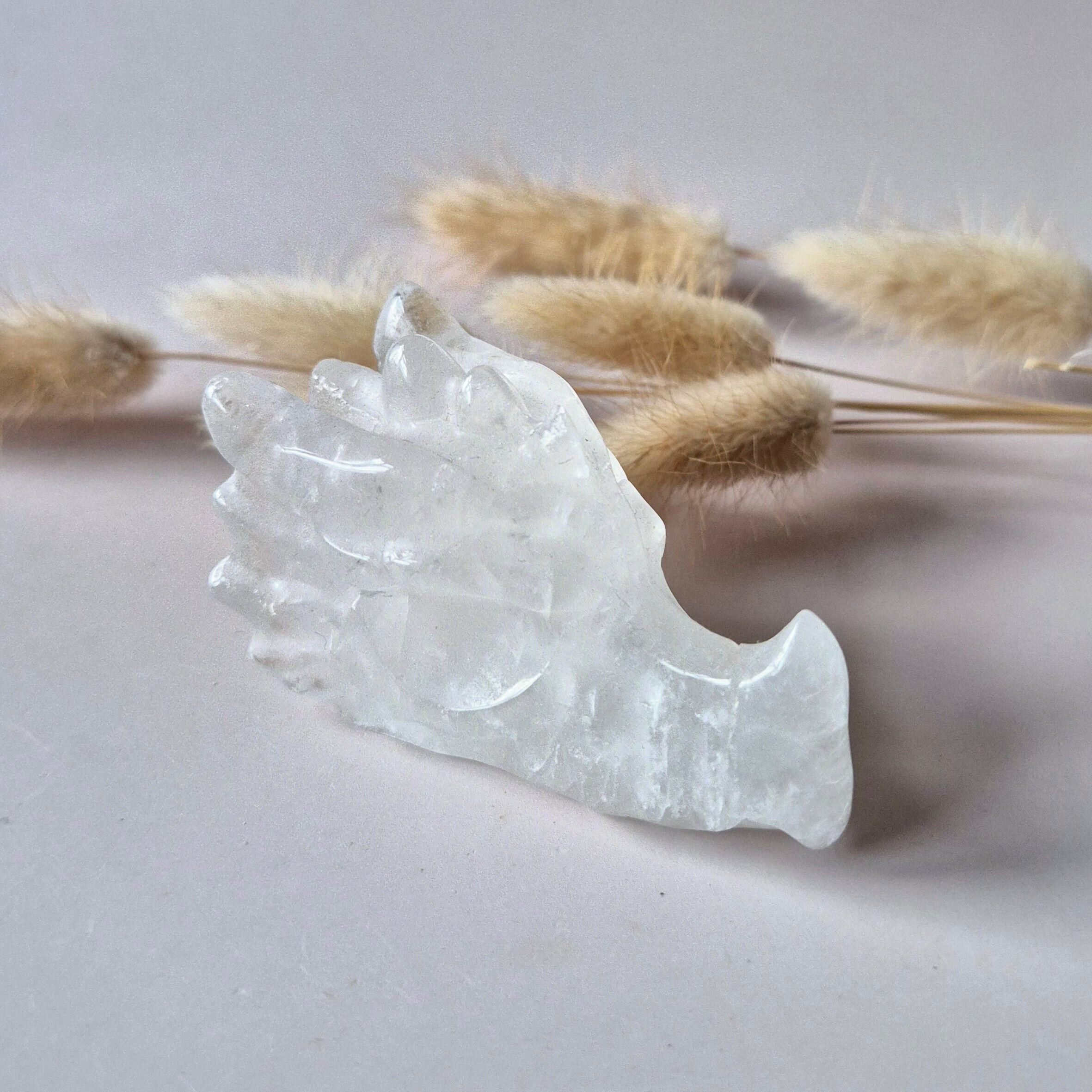 Teschio di drago in pietra preziosa di cristallo di rocca - 7 cm - Intaglio del teschio di drago