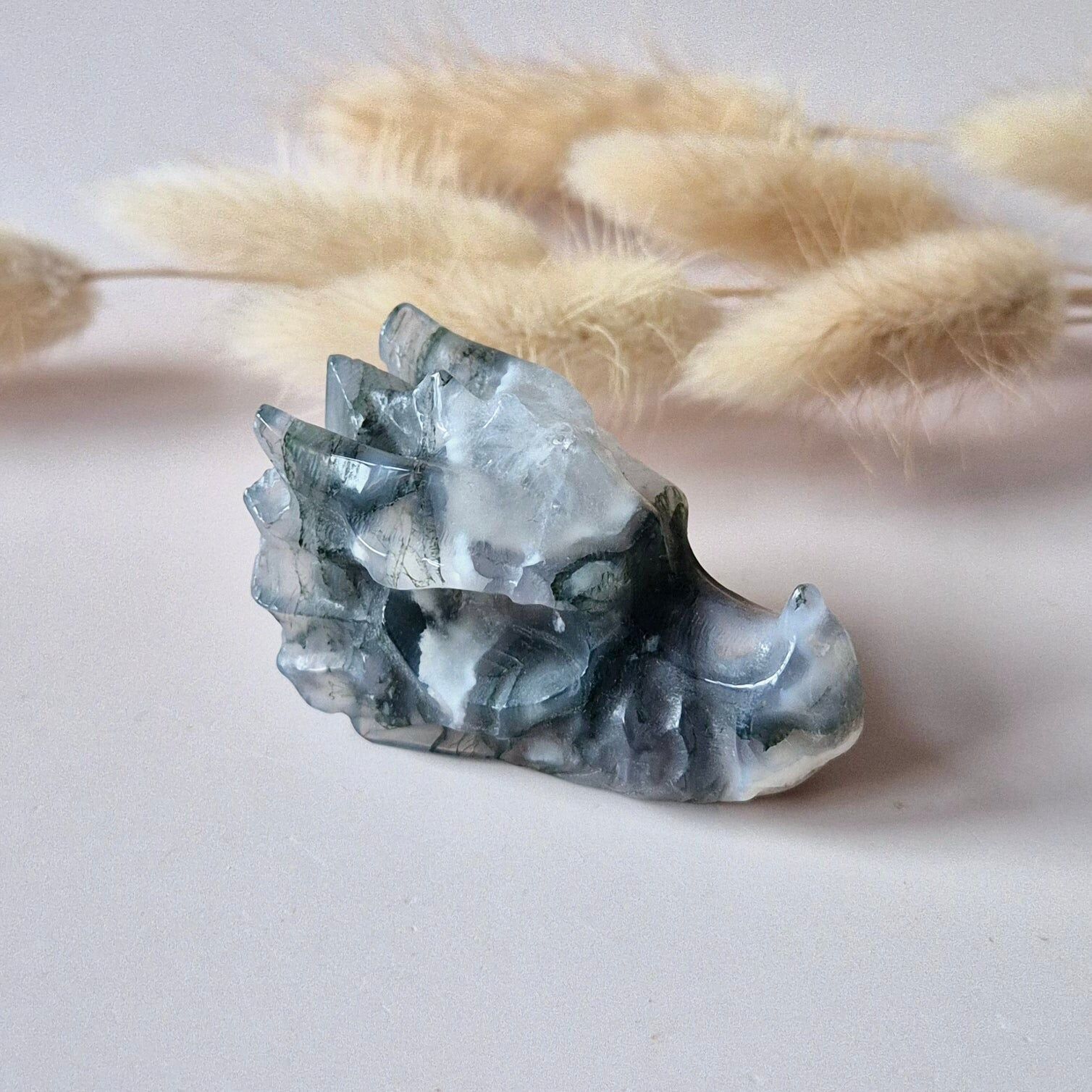 Teschio di drago in pietra preziosa di agata muschiata - 5 cm - Intaglio del teschio di drago