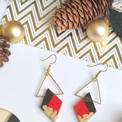 Golden triangle earrings and ebony rhombus painted in red, gold leaf.