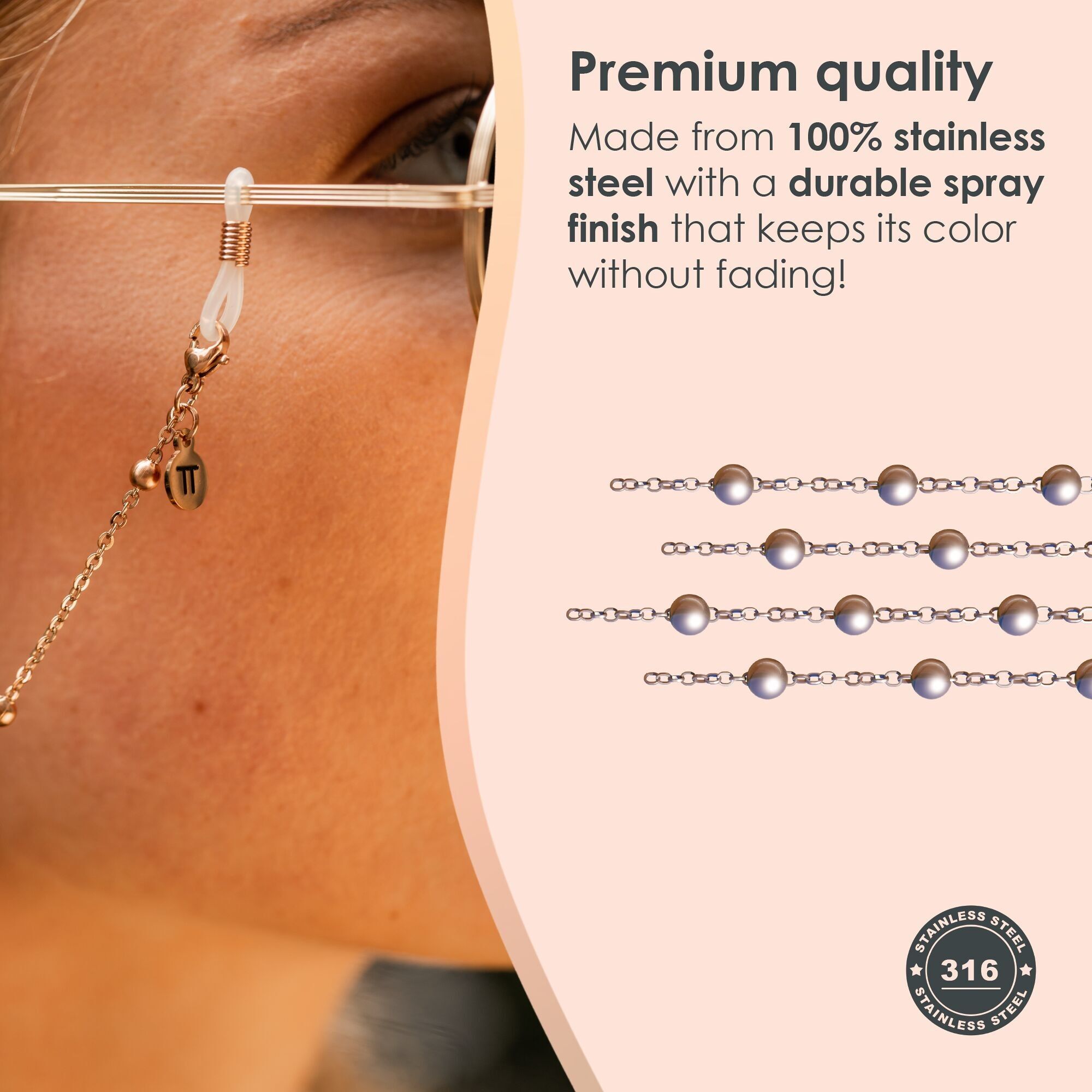 Glasses Cord Balls Rose Gold — 100% Stainless Steel & Unisex Eyewear Cords for Women and Men — Glasses Chain with Extra Loops — Glasses Chain with Extra Loops — Brillenkoord Brillenband Brillenkette Cordon de Lunettes Cordón Para Gafas