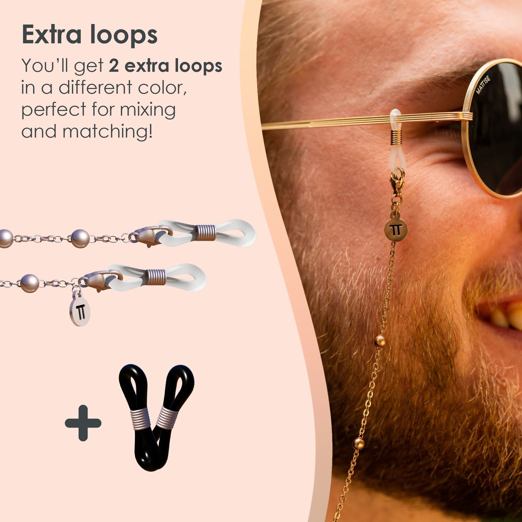 Glasses Cord Balls Rose Gold — 100% Stainless Steel & Unisex Eyewear Cords for Women and Men — Glasses Chain with Extra Loops — Glasses Chain with Extra Loops — Brillenkoord Brillenband Brillenkette Cordon de Lunettes Cordón Para Gafas