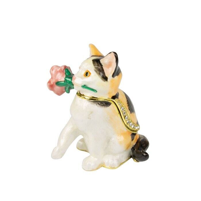 Gatto cloisonné con rosa, 8 cm