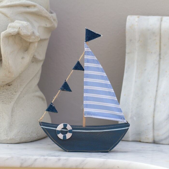 Yacht con bandierine, blu, 21x15cm
