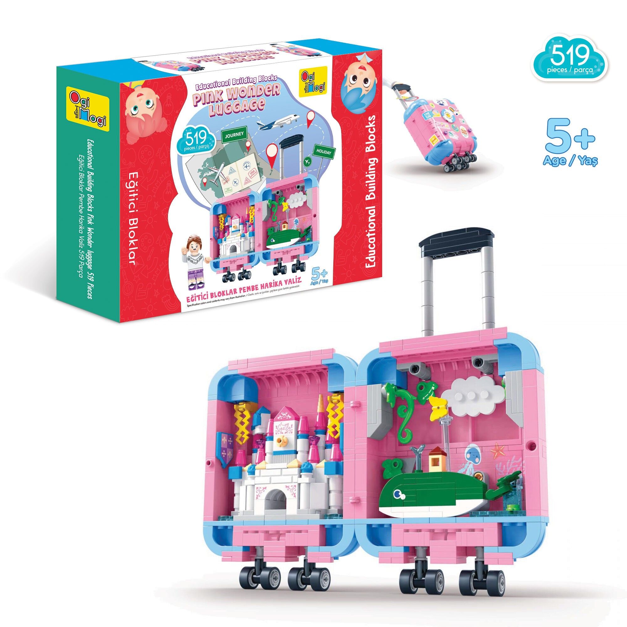 Ogi Mogi Toys Educational Pink Suitcase Block Set 519 PCS, Compatible with Lego