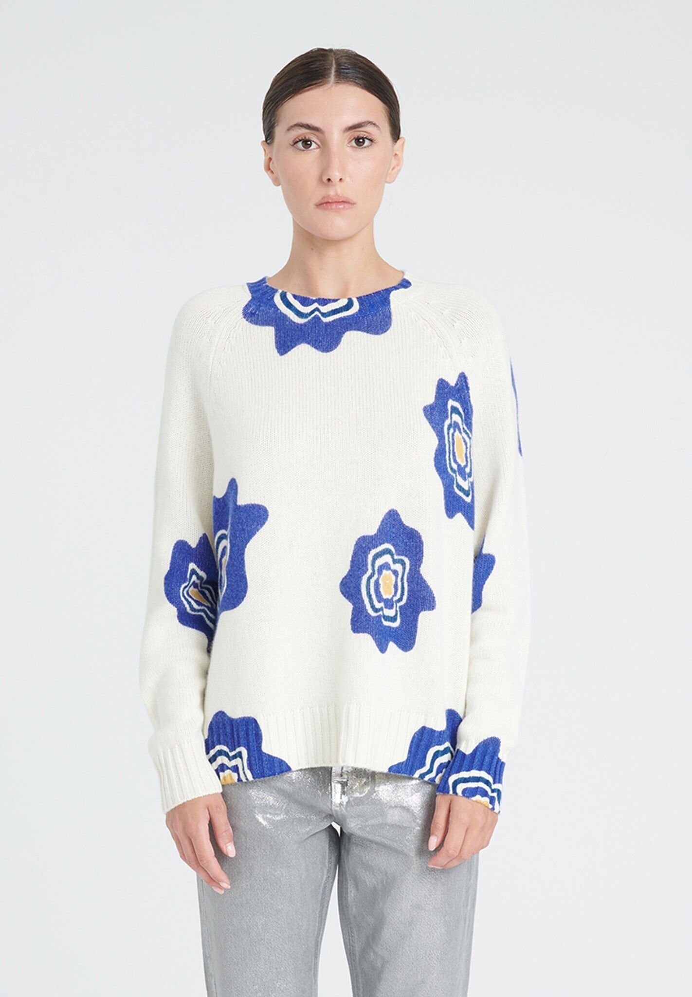 Damenpullover aus 6-fädigem, weißem, mehrfarbigem Kaschmir mit Rundhalsausschnitt – ZAYA 20