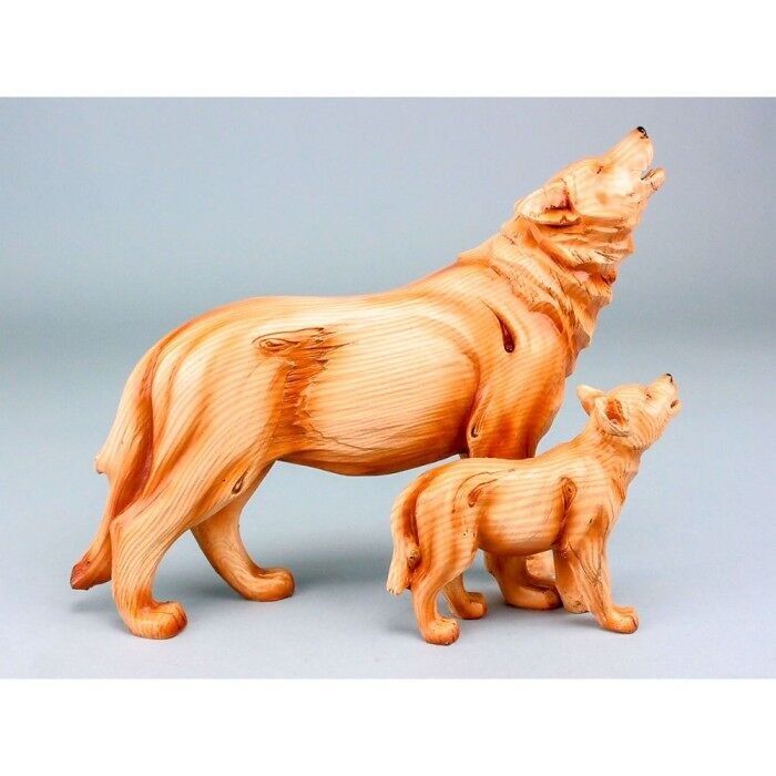 Lupo e cucciolo intagliati effetto legno, 23 cm