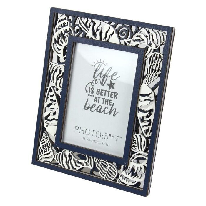 Cornice portafoto con conchiglie ritagliate, blu navy, 27x22cm