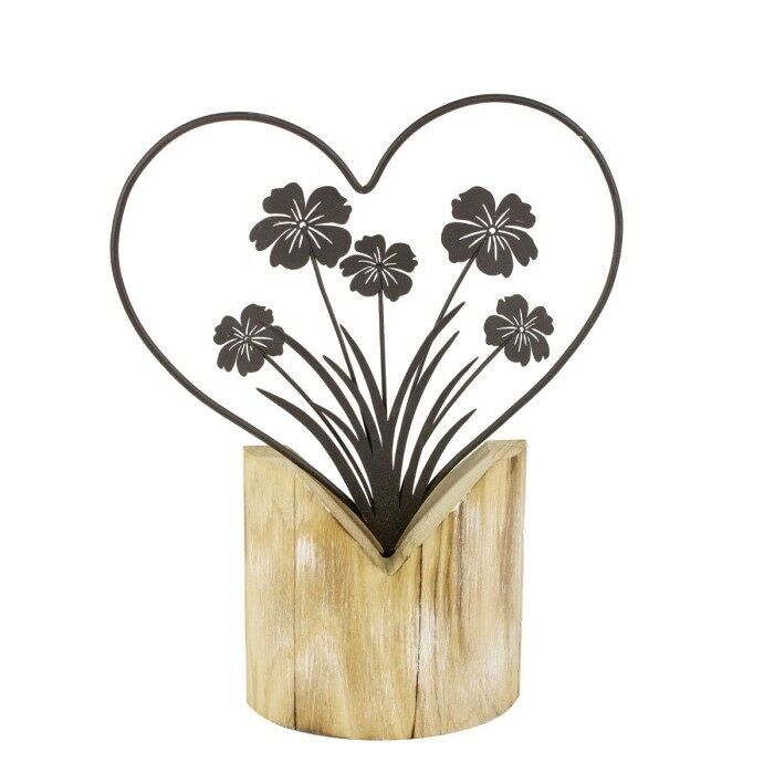 Cuore in filo metallico con fiore su supporto in legno, 23 cm
