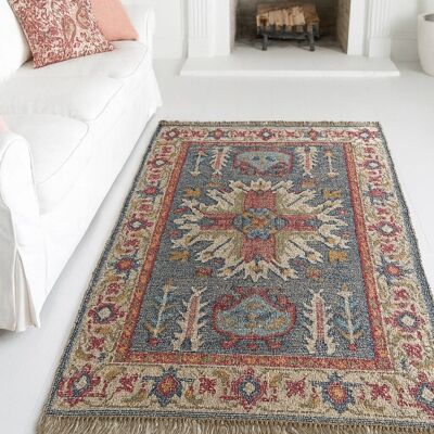 Tapis Kilim tissé à la main – Coton naturel et jute, motif géométrique bleu et rouge 120 × 190 cm