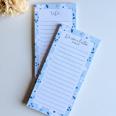 To-Do Liste 10x21 cm - Petites fleurs blanches - Fond bleu, rose ou violet