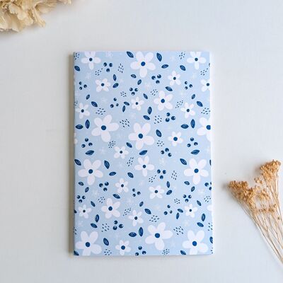Carnet A5 - Reliure agrafée -Petites fleurs blanches -Fond bleu, rose ou violet