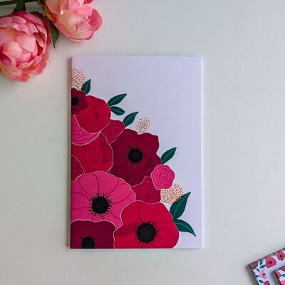 Quaderno A5 - Rilegatura con punti metallici - Grande mazzo di anemoni e rose