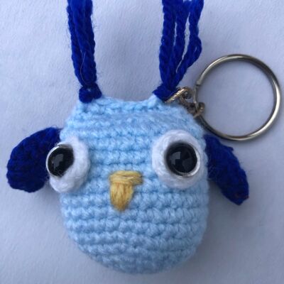 Portachiavi gufo portafortuna carino - Blu - Amigurumi kawaii - Uncinetto (7x8x7 cm)