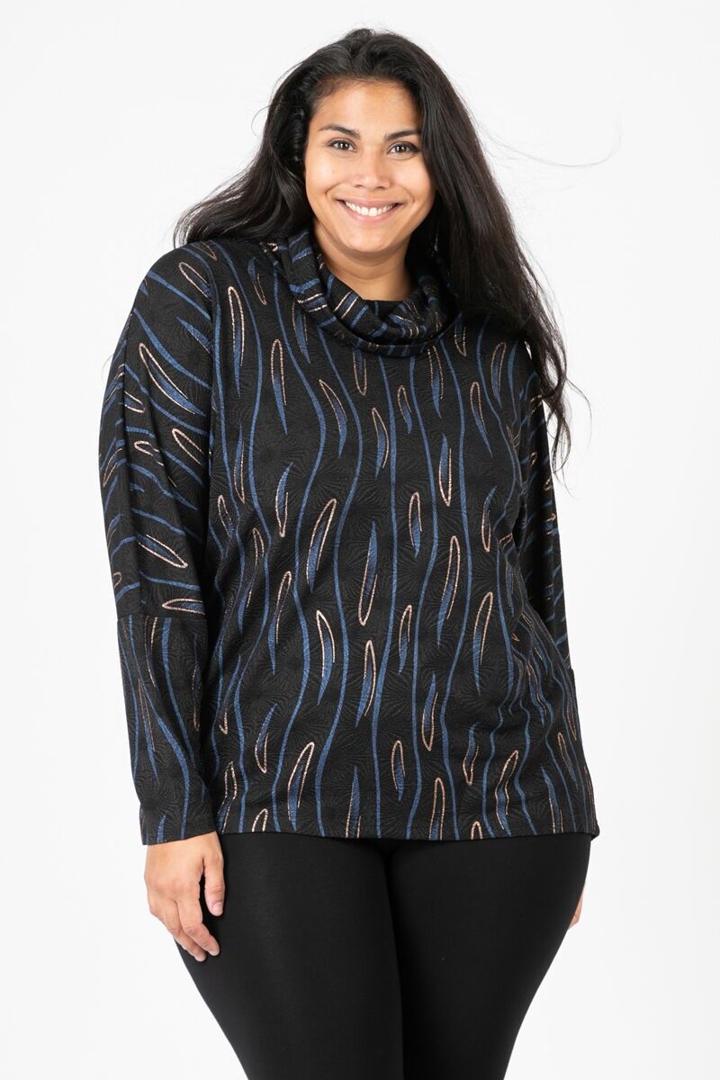 Blaue Rollkragenbluse mit Aufdruck in Übergröße (C6631)