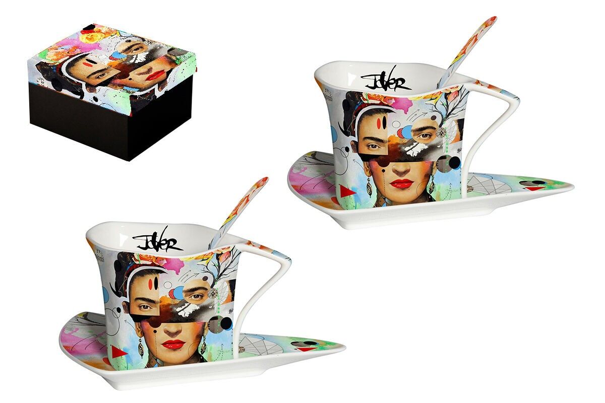 SET MIT 2 DREIECKIGEN PORZELLAN-TASSEN 180 ML + UNTERTASSEN – LOUI JOVER