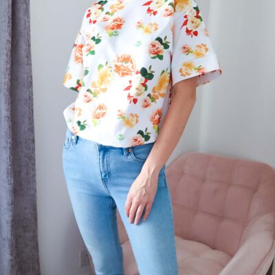 Abito t-shirt in cotone a fiori bianco