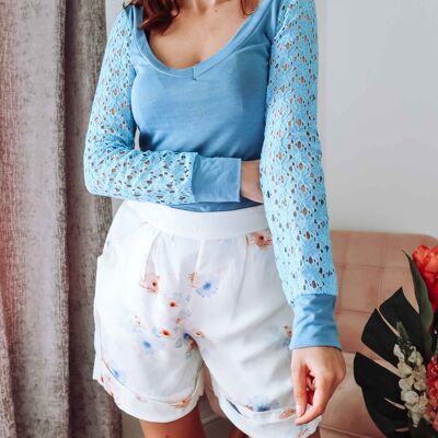 Blue Lace Sleeve Jersey Top