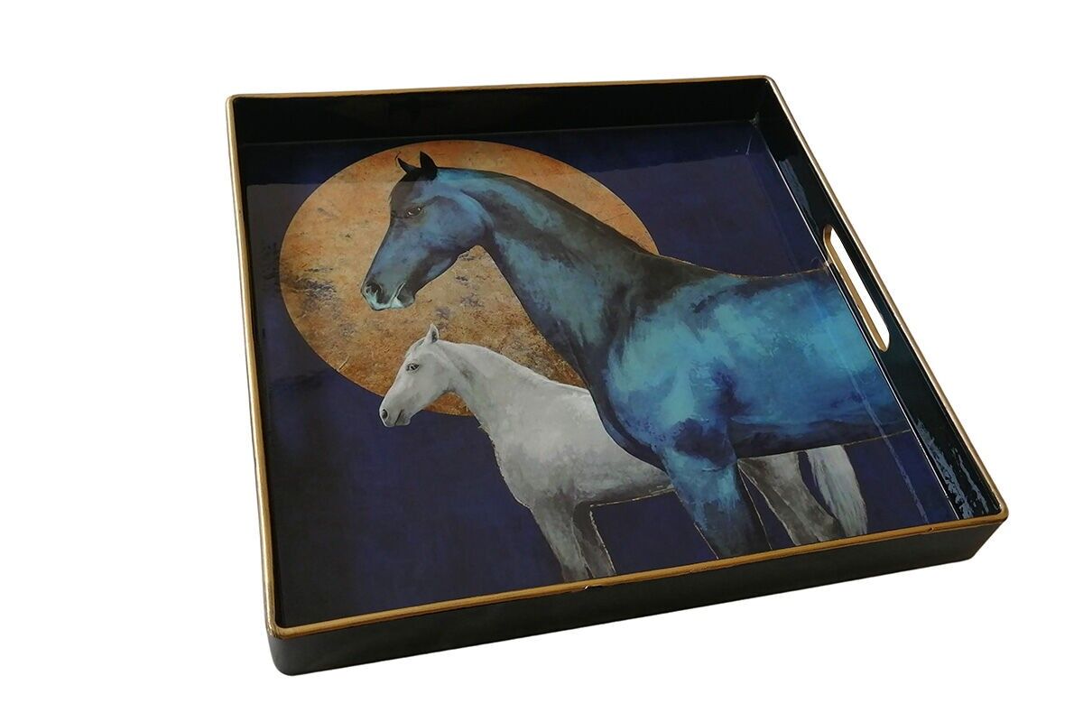 SQUARE TRAY BLUE/WHITE HORSES AND MOON - HOME