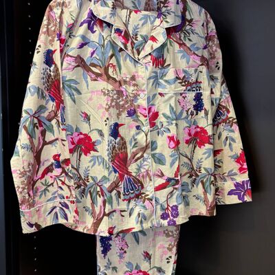 Conjunto de pijama de algodón indio con flores y pájaros verde claro