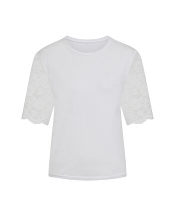 T-shirt en coton blanc à manches en dentelle 2
