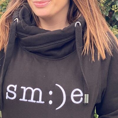 Smile Embroidered Cowl Neck Hoodie Grey