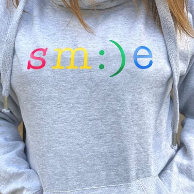Rainbow Smile Embroidered Cowl Neck Hoodie Grey