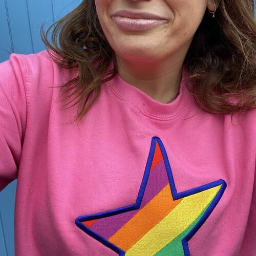 Embroidered Rainbow STAR Organic Sweatshirt Bright Pink