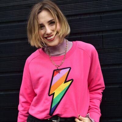 Bio-Sweatshirt mit aufgesticktem Rainbow Lightning Bolt Rosa