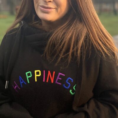 Happiness Embroidered Cowl Neck Hoodie Black