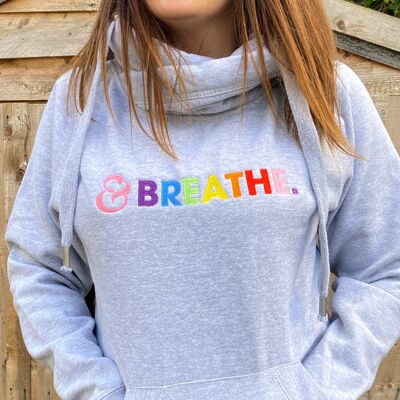 Embroidered &Breathe Cowl Neck Hoodie Grey