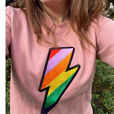 Embroidered Rainbow Lightning Bolt Sweatshirt Dusky Pink