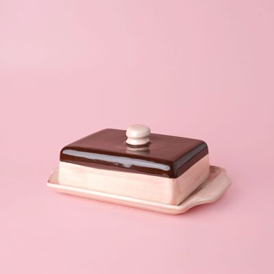 Beurrier en céramique fait main / Rose et marron chocolat / Fabriqué en Espagne