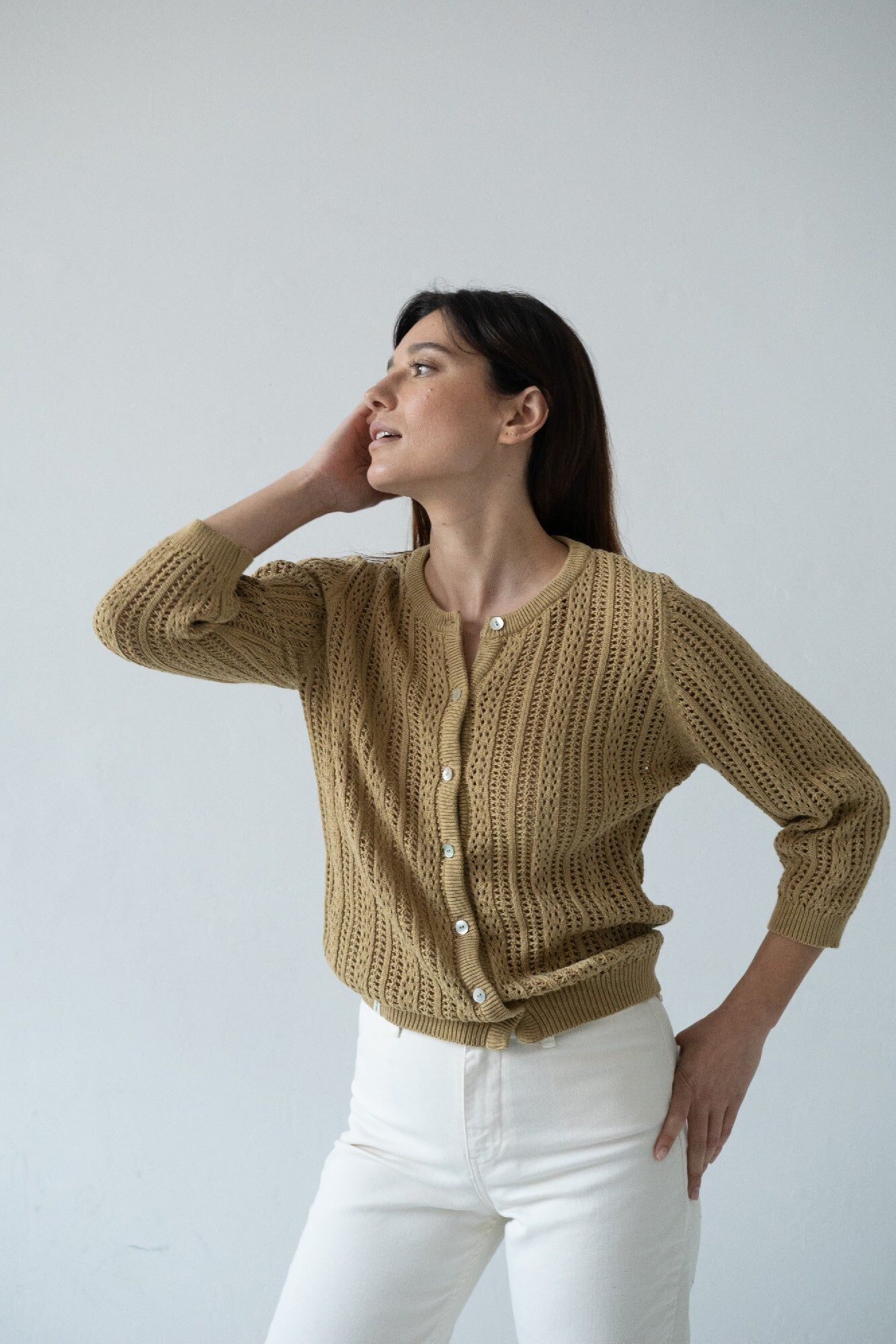 Durchbrochene Strickjacke Senf