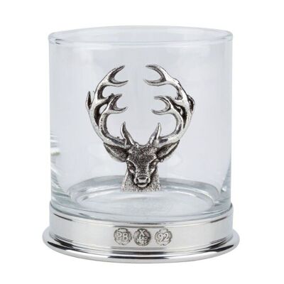 Bicchiere da whisky in peltro con stemma a forma di cervo