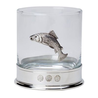 Bicchiere da whisky in peltro con stemma a forma di salmone