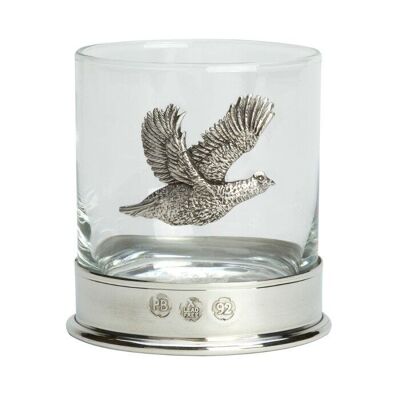 Bicchiere da whisky in peltro con stemma a forma di gallo cedrone