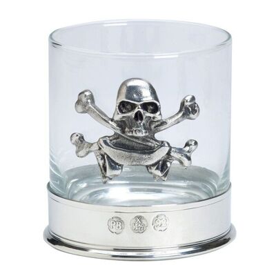 Bicchiere da whisky in peltro con stemma con teschio e ossa incrociate