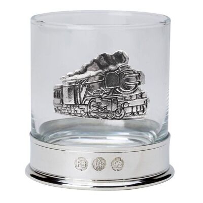 Bicchiere da whisky in peltro con stemma a forma di treno a vapore