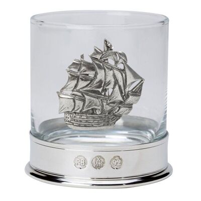Bicchiere da whisky in peltro con stemma della HMS Victory
