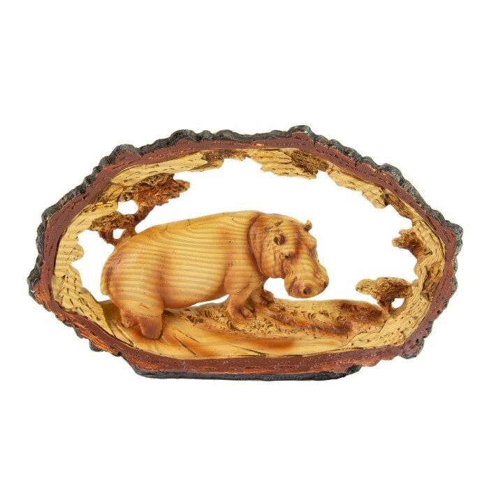 Ippopotamo intagliato effetto legno in tronco, 19x12 cm