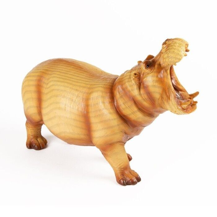 Ippopotamo intagliato effetto legno con bocca aperta, 23 cm