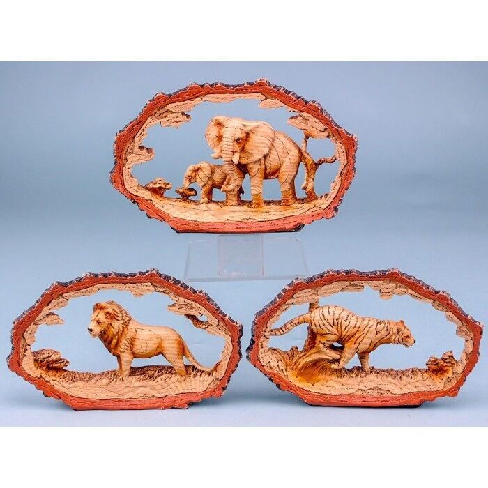 Animali da safari in legno intagliato effetto tronco, 19x12 cm, 3 assortiti