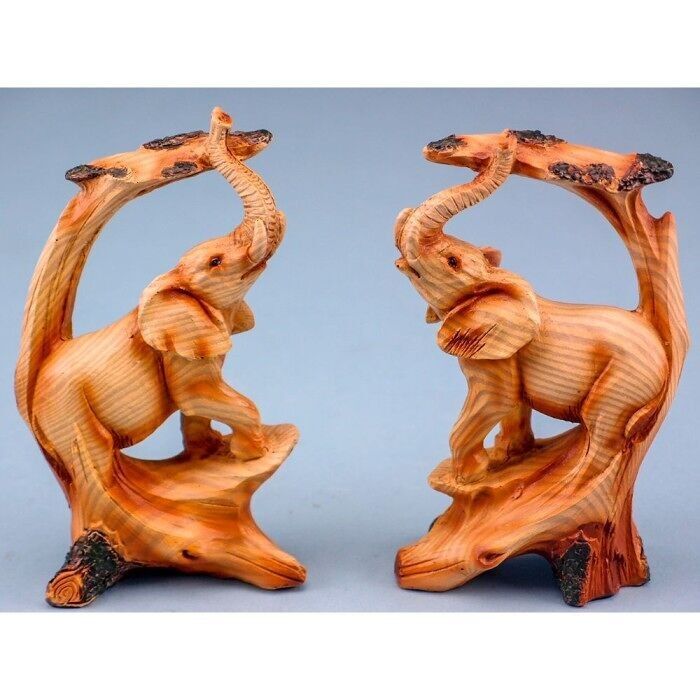 Elefante con albero intagliato effetto legno, 13x8 cm, 2 assortiti