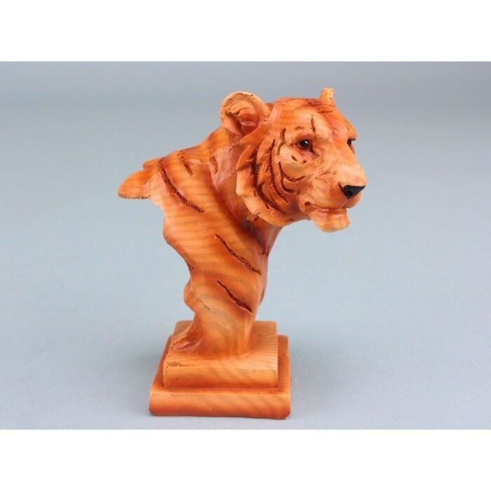 Testa di tigre intagliata effetto legno su piedistallo, 10 cm
