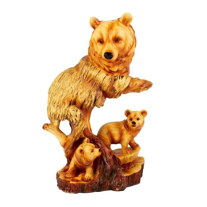 Orso con cuccioli intagliato effetto legno, 20 cm