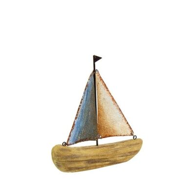 Barca a vela in legno galleggiante con vele in metallo, bianco/blu, 17 cm