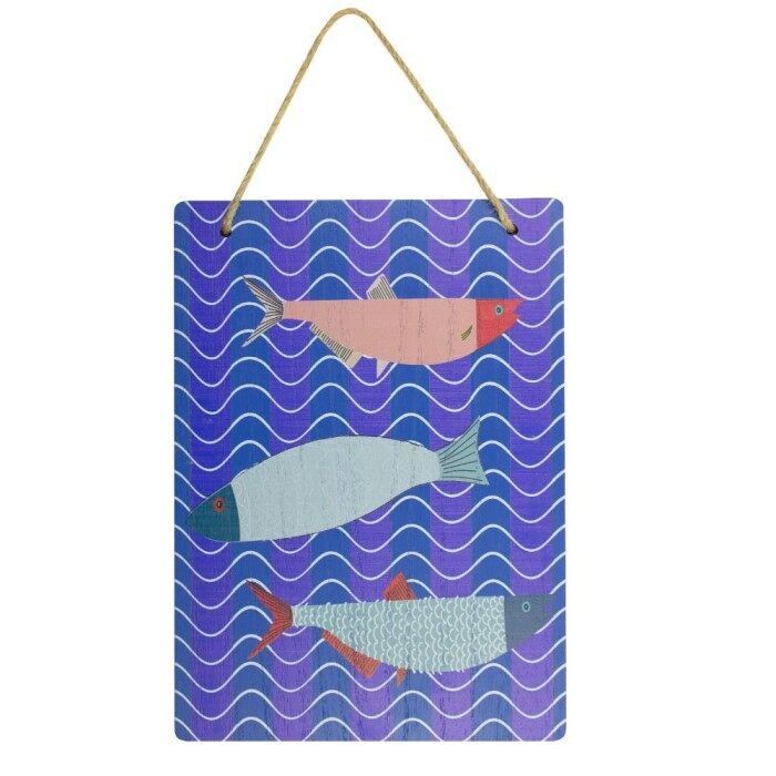 Quadro triplo di pesci, blu, 18x25cm