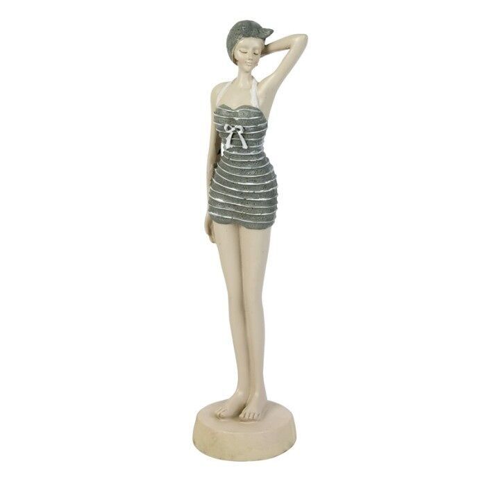 Elegante donna da spiaggia in costume da bagno a righe, grigio, 30 cm